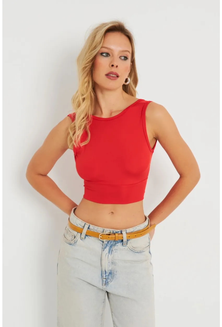 Kadın Sırt Bağlamalı Crop Bluz Kırmızı EY2733