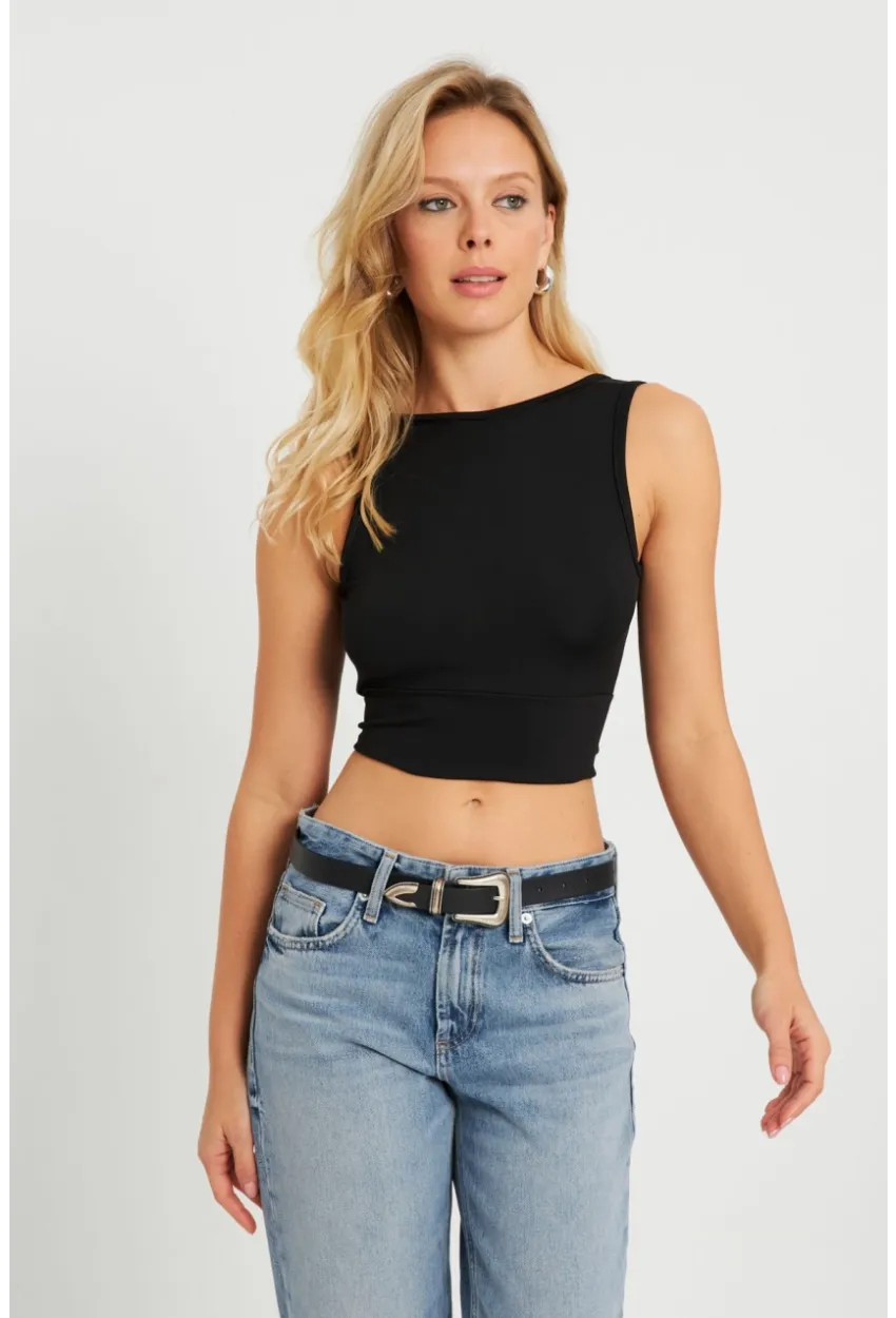 Kadın Sırt Bağlamalı Crop Bluz Siyah EY2733