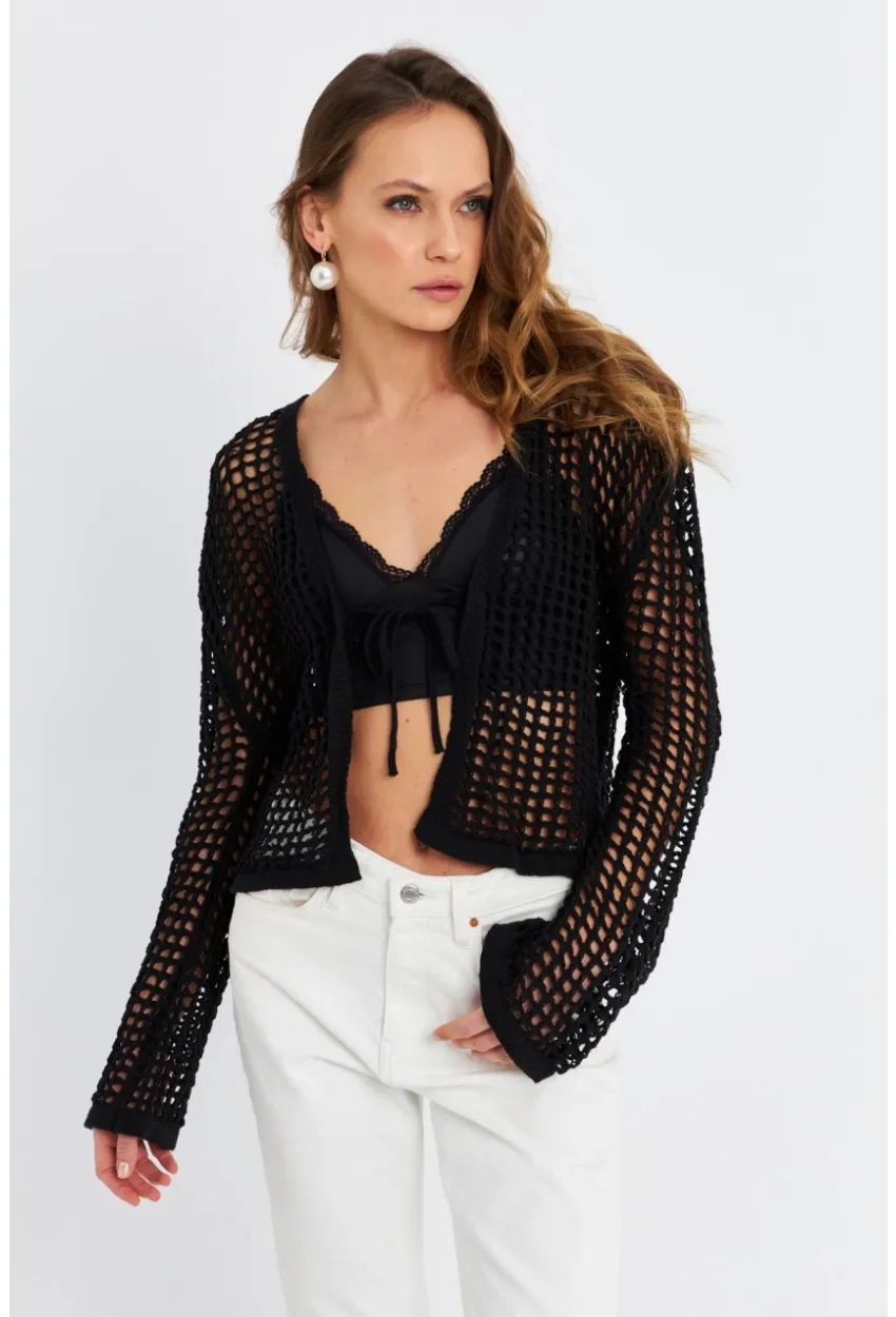 Kadın Siyah Ajurlu İspanyol Kol Hırka DS200-90