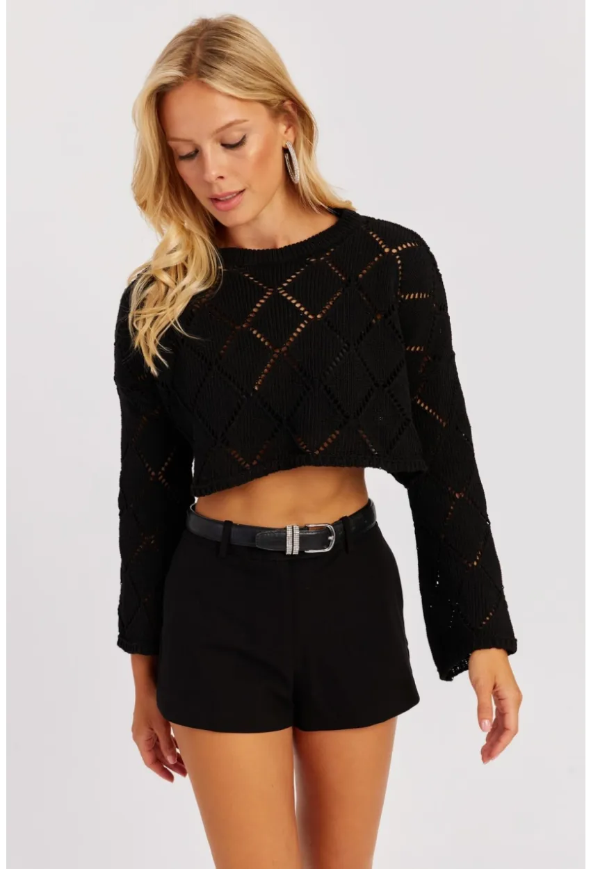Kadın Siyah Ajurlu Kısa Triko Bluz YZ628