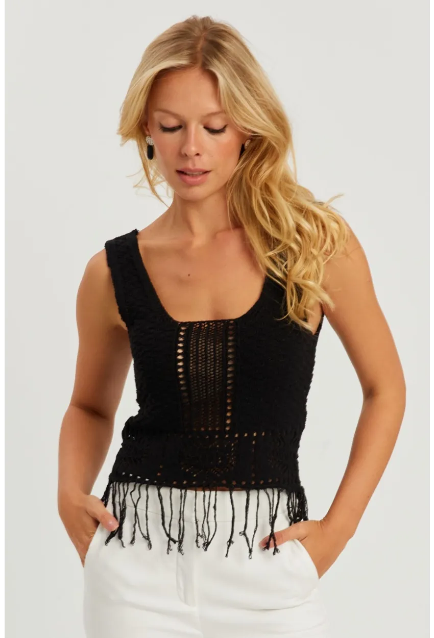 Kadın Siyah Ajurlu Püsküllü Triko Bluz YV228