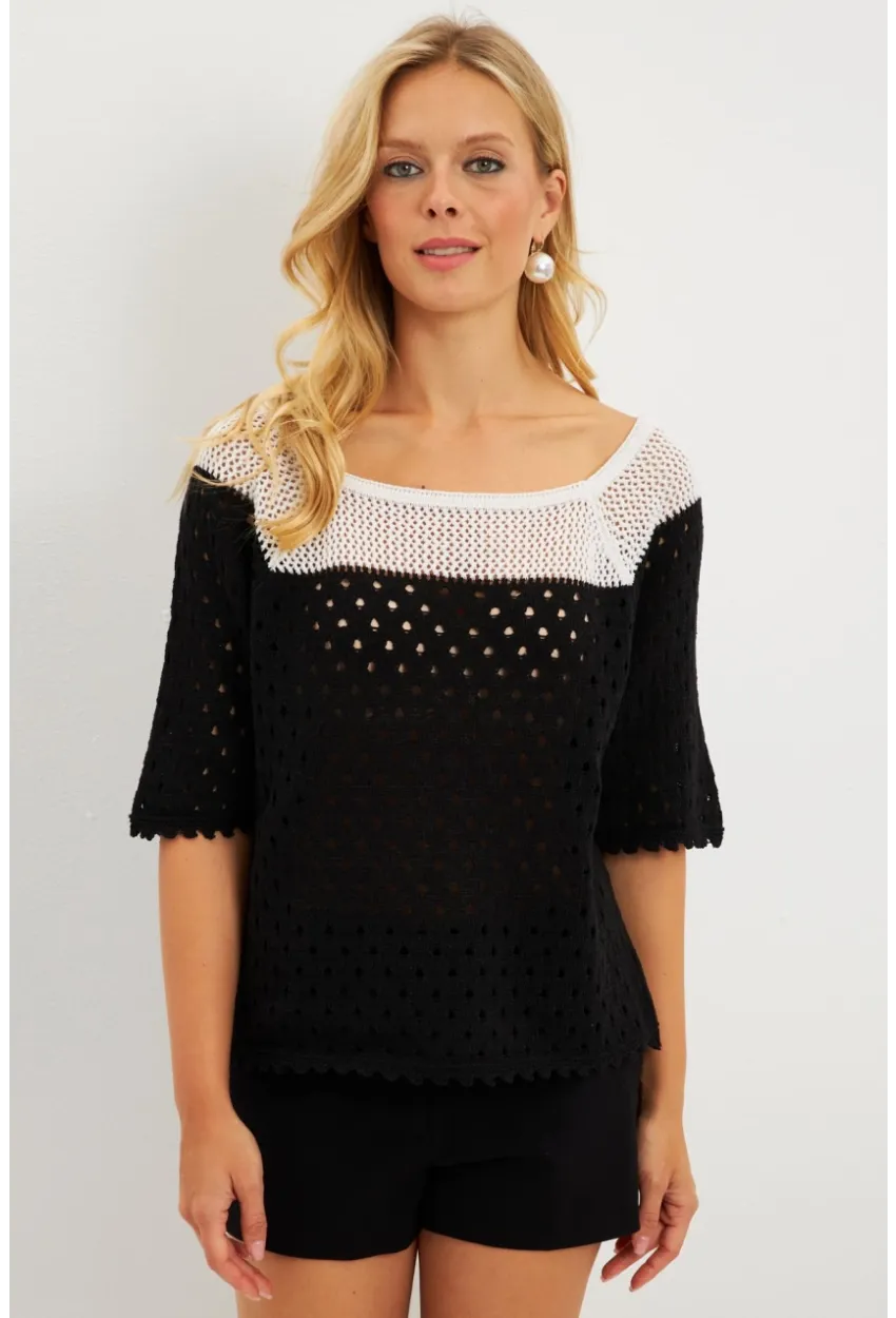 Kadın Siyah Ajurlu Triko Bluz YV230