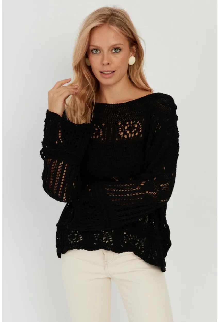 Kadın Siyah Ajurlu Triko Bluz YZ620