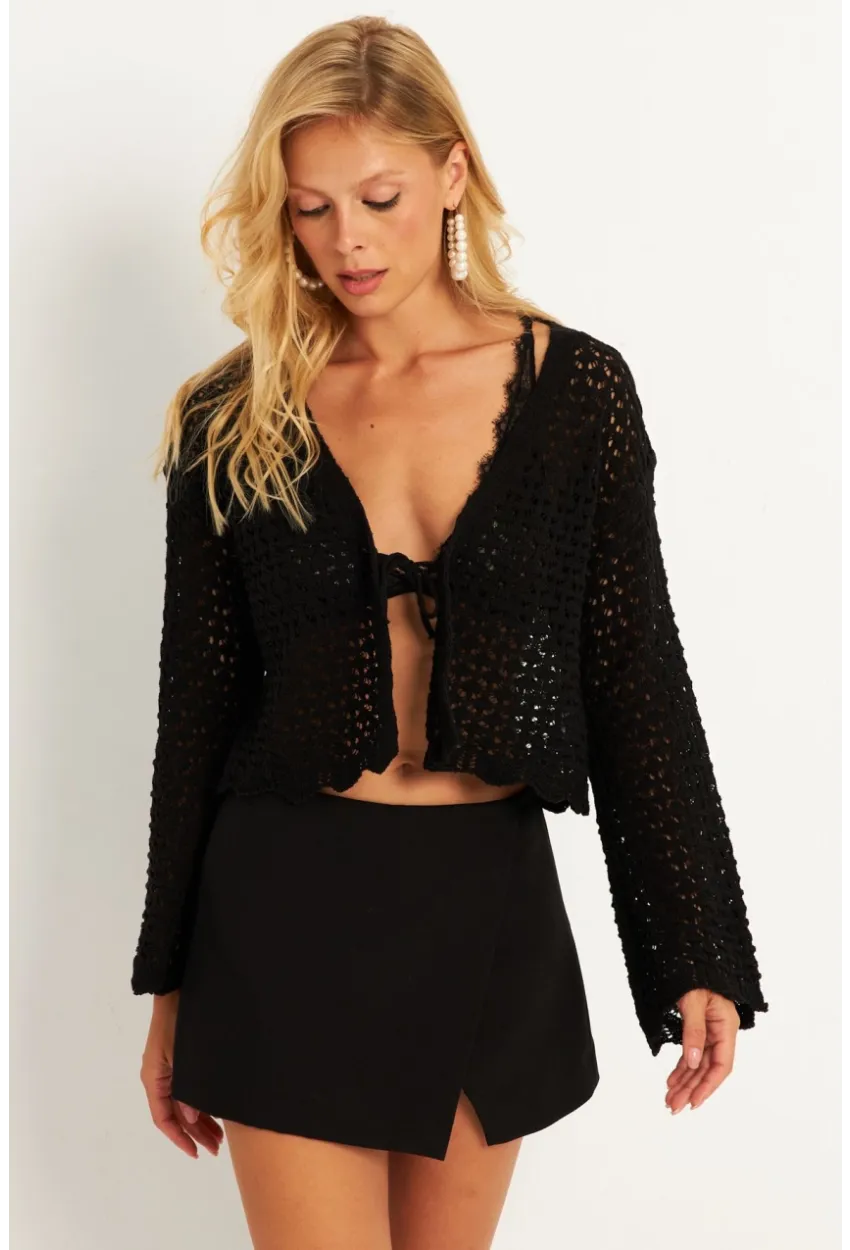 Kadın Siyah Ajurlu Triko Hırka YV248