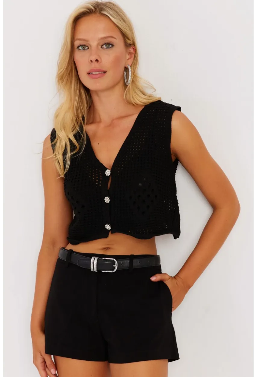 Kadın Siyah Ajurlu Triko Yelek YZ627