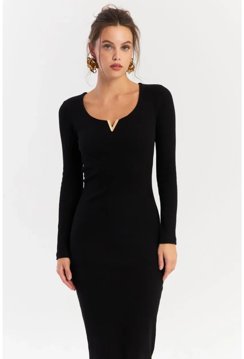 Kadın Siyah Aksesuarlı Kaşkorse Midi Elbise RLO75