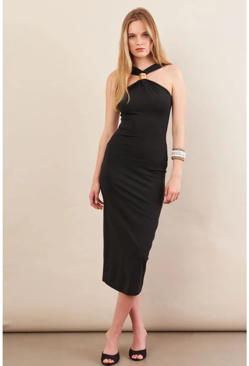 Kadın Siyah Aksesuarlı Midi Elbise İRE101