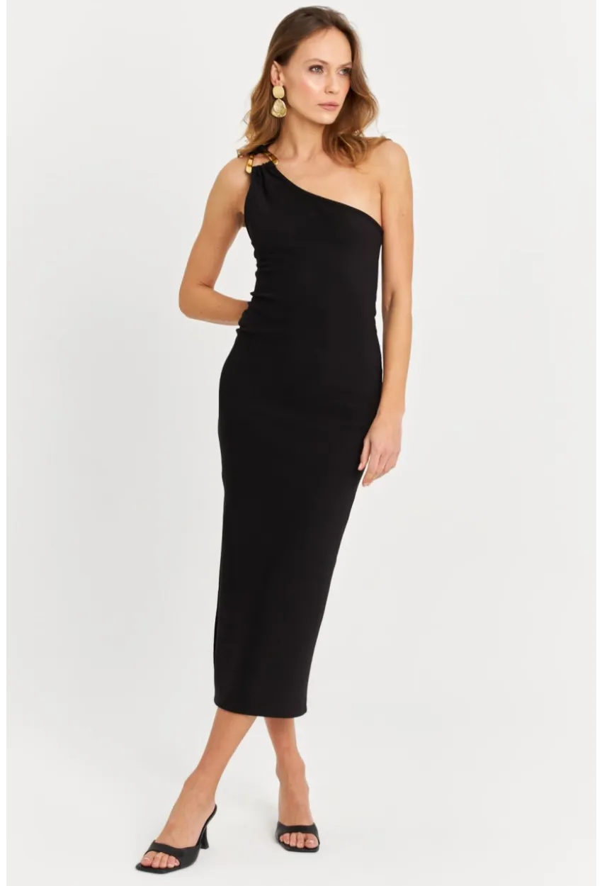 Kadın Siyah Aksesuarlı Tek Omuz Midi Elbise MOD1866