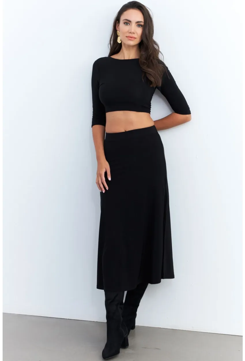 Kadın Siyah Alt Üst Crop Etek Takım ELT3844