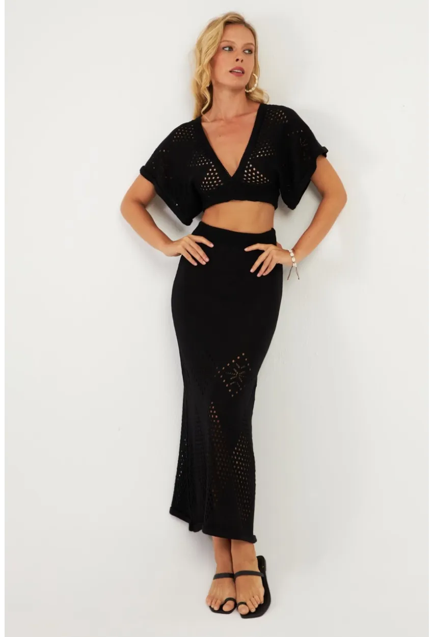 Kadın Siyah Alt Üst Triko Etek Takım KZ3233