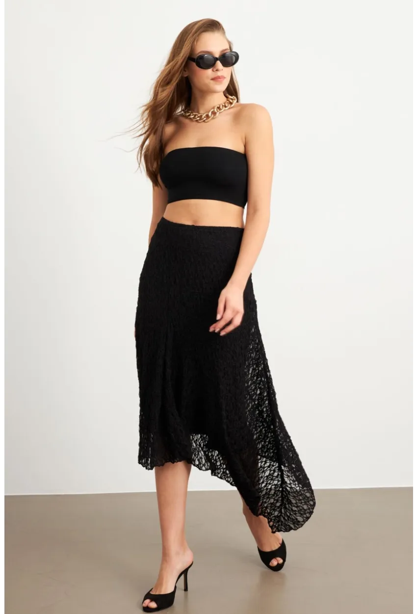 Kadın Siyah Asimetrik Dantel Midi Etek ZH357