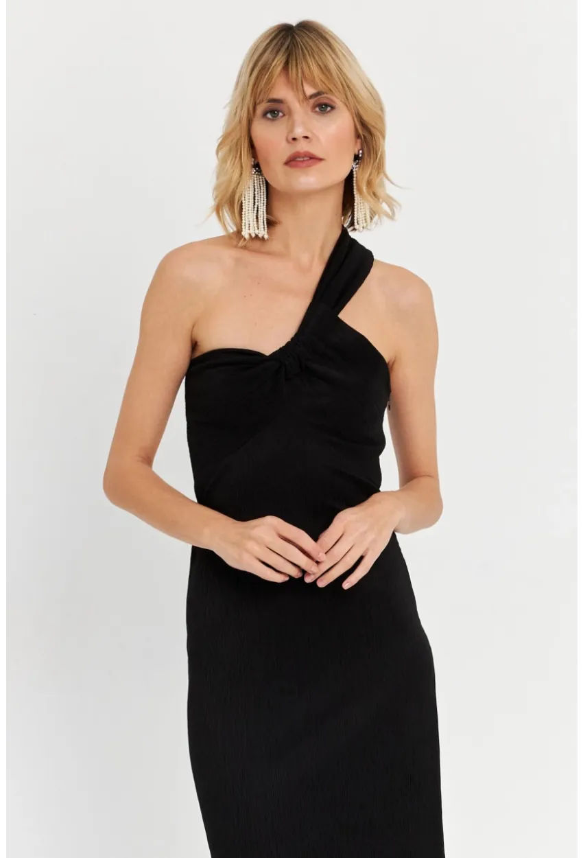 Kadın Siyah Asimetrik Yaka Maxi Elbise NH25455