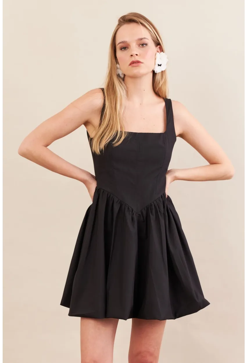 Kadın Siyah Askılı Mini Balon Elbise ERL105