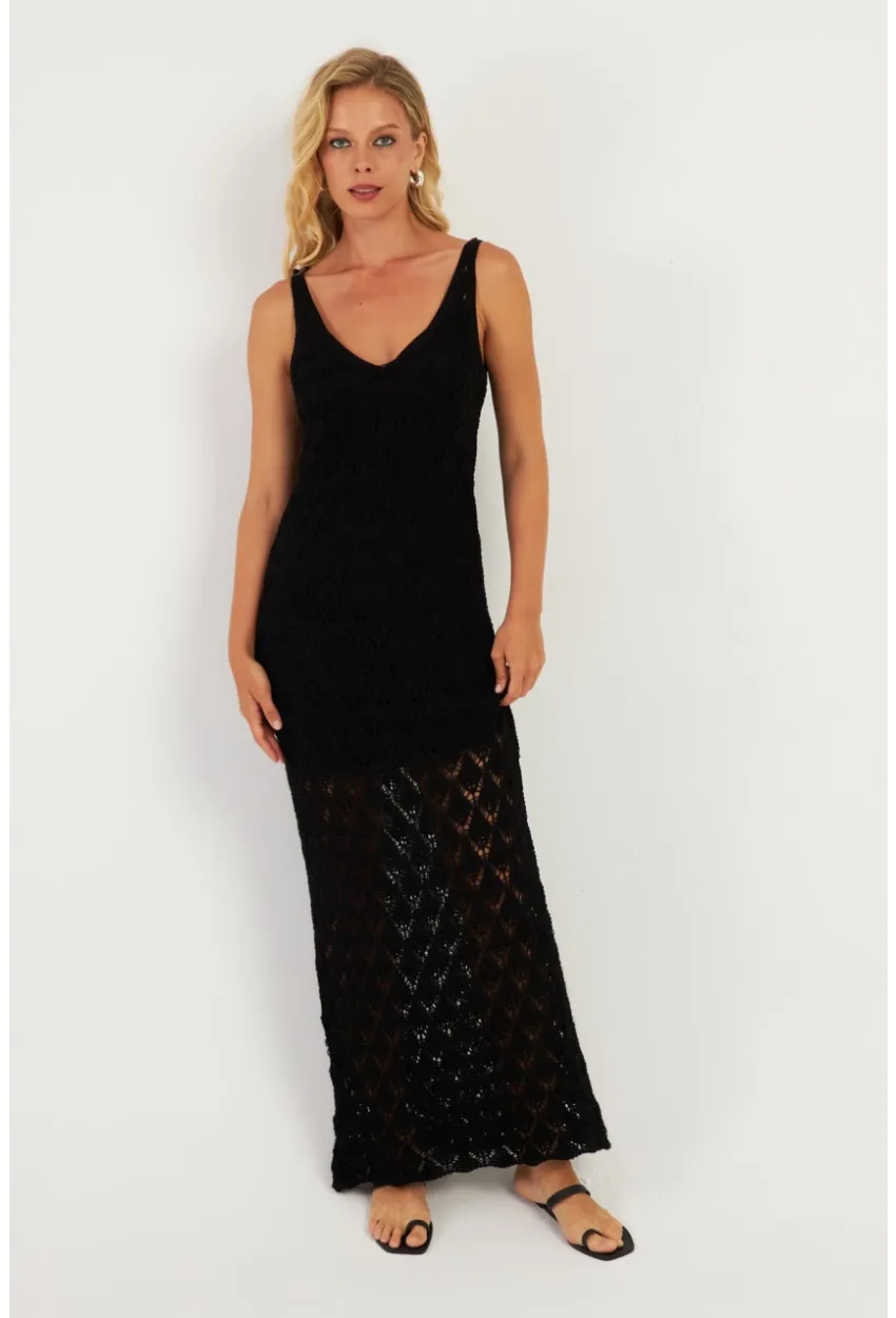 Kadın Siyah Astarlı Triko Maxi Elbise KZ3211