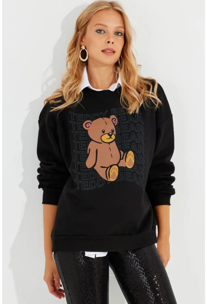 Kadın Siyah Ayıcık Baskılı Sweatshirt ZM288
