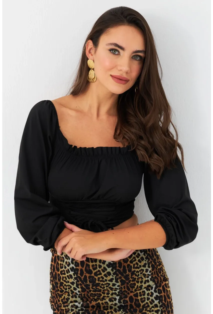 Kadın Siyah Bağlama Detaylı Crop Bluz CG387
