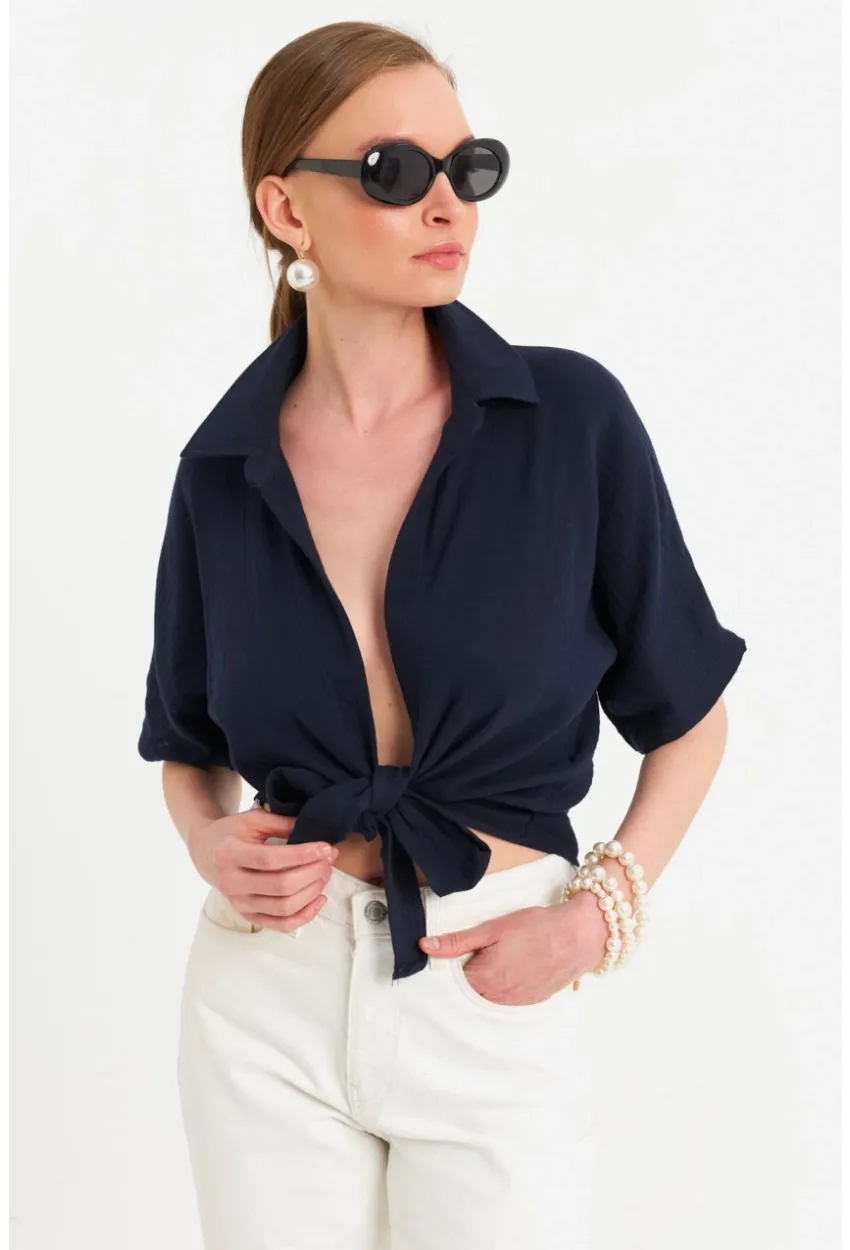 Kadın Siyah Bağlamalı Keten Bluz BTH16