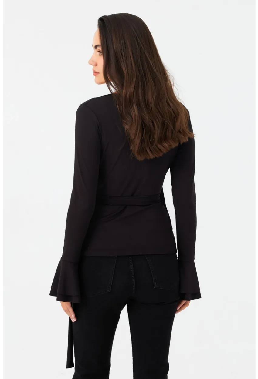 Kadın Siyah Bağlamalı Kruvaze Bluz EY2978