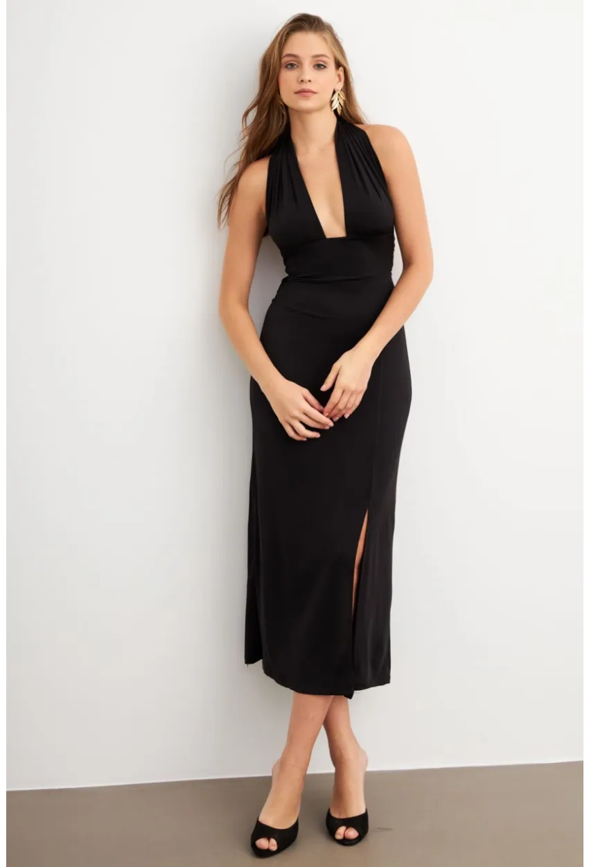 Kadın Siyah Bağlamalı Sırt Dekolteli Maxi Elbise UG2003