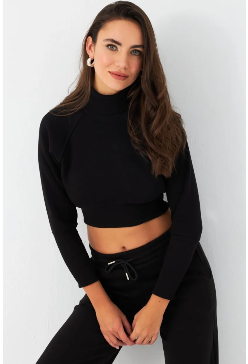 Kadın Siyah Balıkçı Crop Sweatshirt DY1469