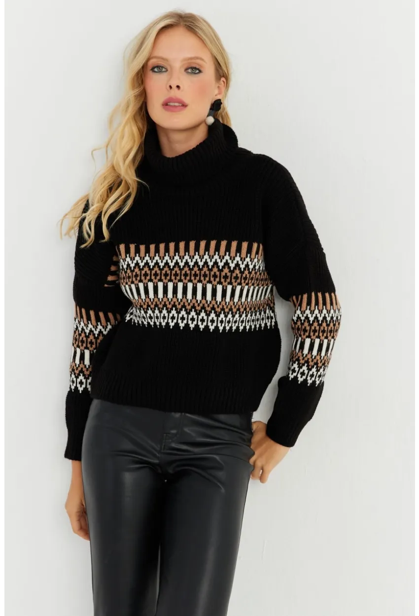 Kadın Siyah Balıkçı Triko Kazak YZ527