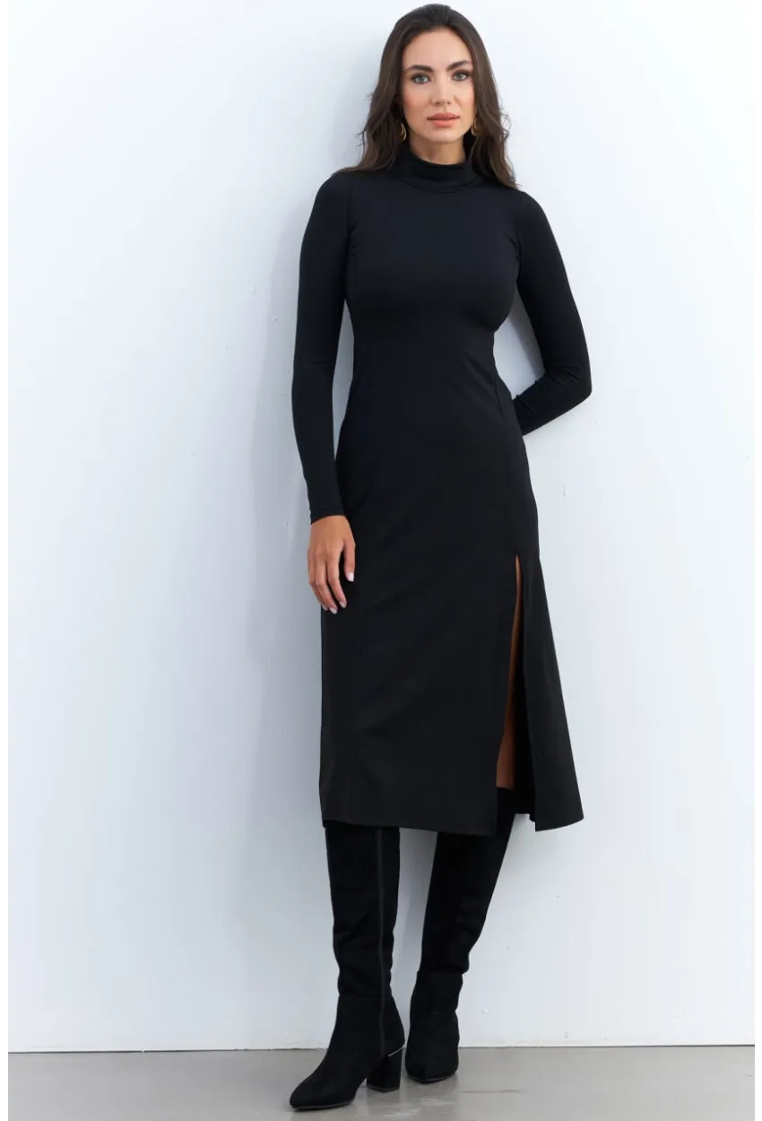 Kadın Siyah Balıkçı Yaka Midi Elbise HOR15