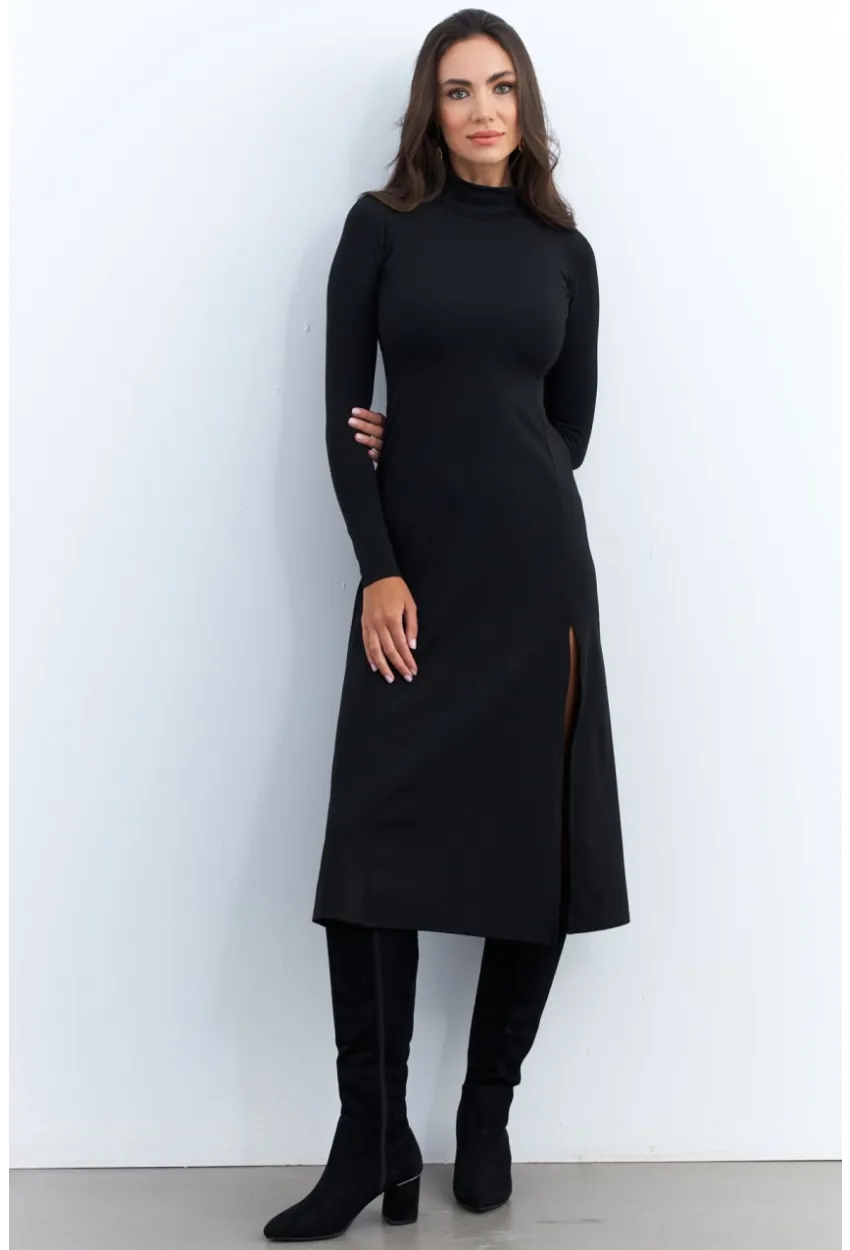 Kadın Siyah Balıkçı Yaka Midi Elbise HOR15
