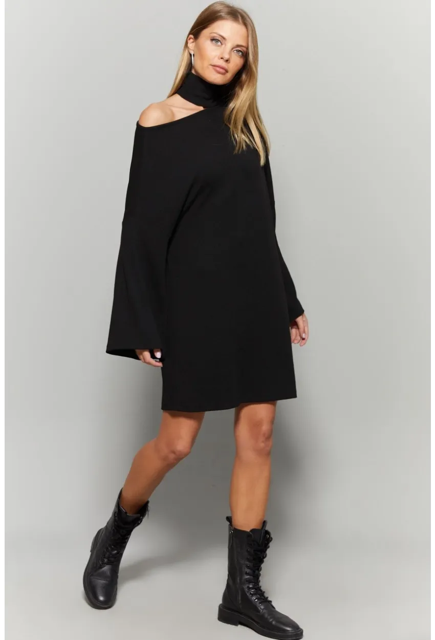 Kadın Siyah Balıkçı Yaka Tek Omuz Elbise Yİ1990