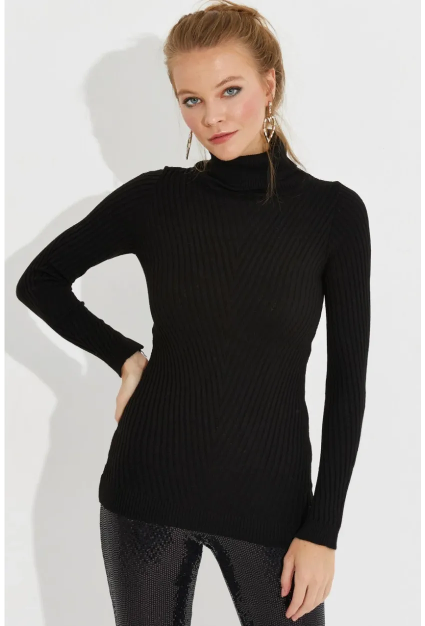 Kadın Siyah Balıkçı Yaka Triko Bluz MMSS128