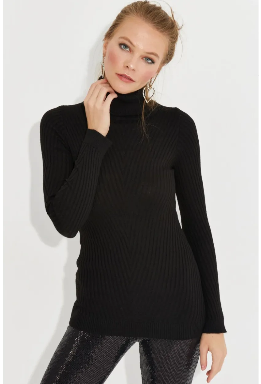 Kadın Siyah Balıkçı Yaka Triko Bluz MSS128