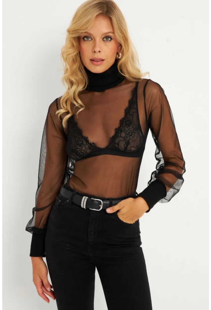 Kadın Siyah Balıkçı Yaka Tül Yılbaşı Bluz EY2901