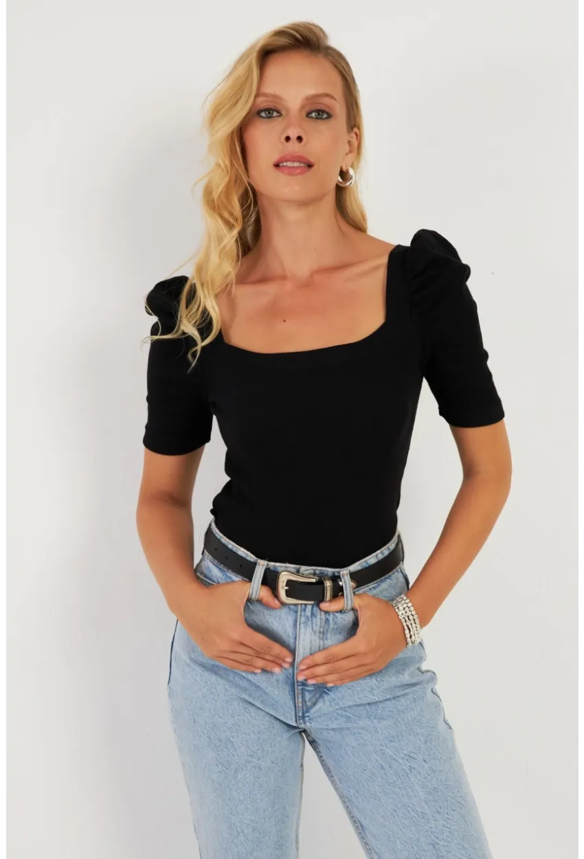 Kadın Siyah Balon Kol Kaşkorse Bluz XL2019