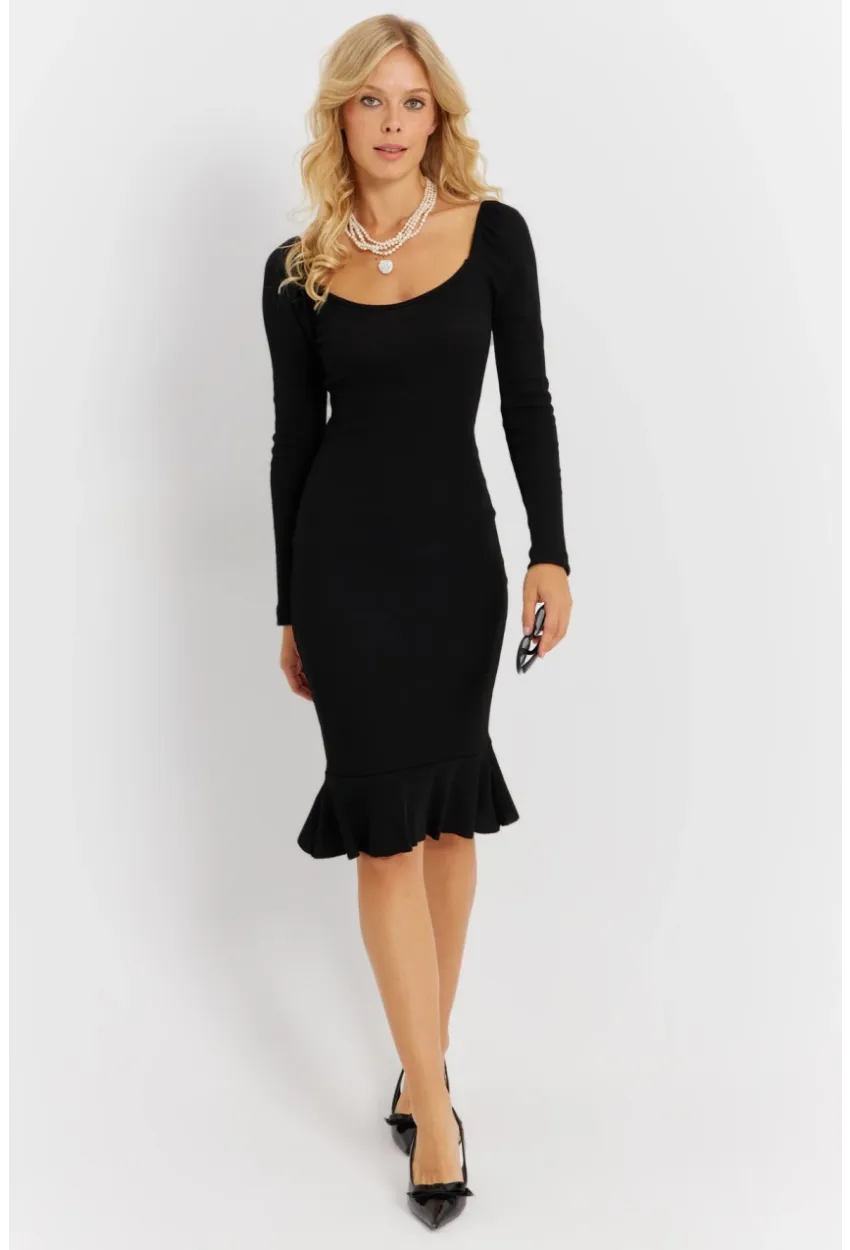 Kadın Siyah Balon Kol Kaşkorse Midi Elbise EY2855