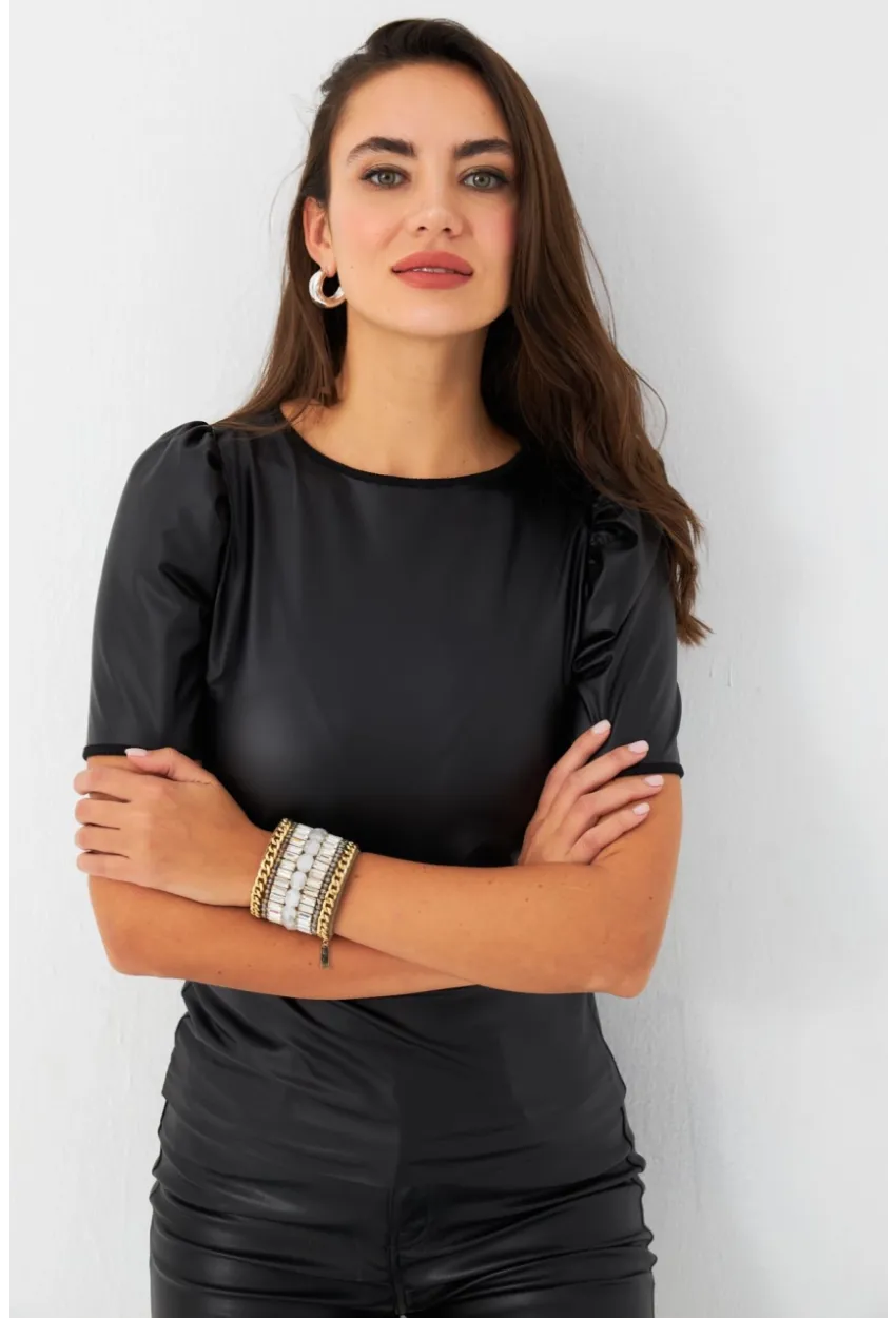 Kadın Siyah Balon Kol Sıvama Bluz TF35