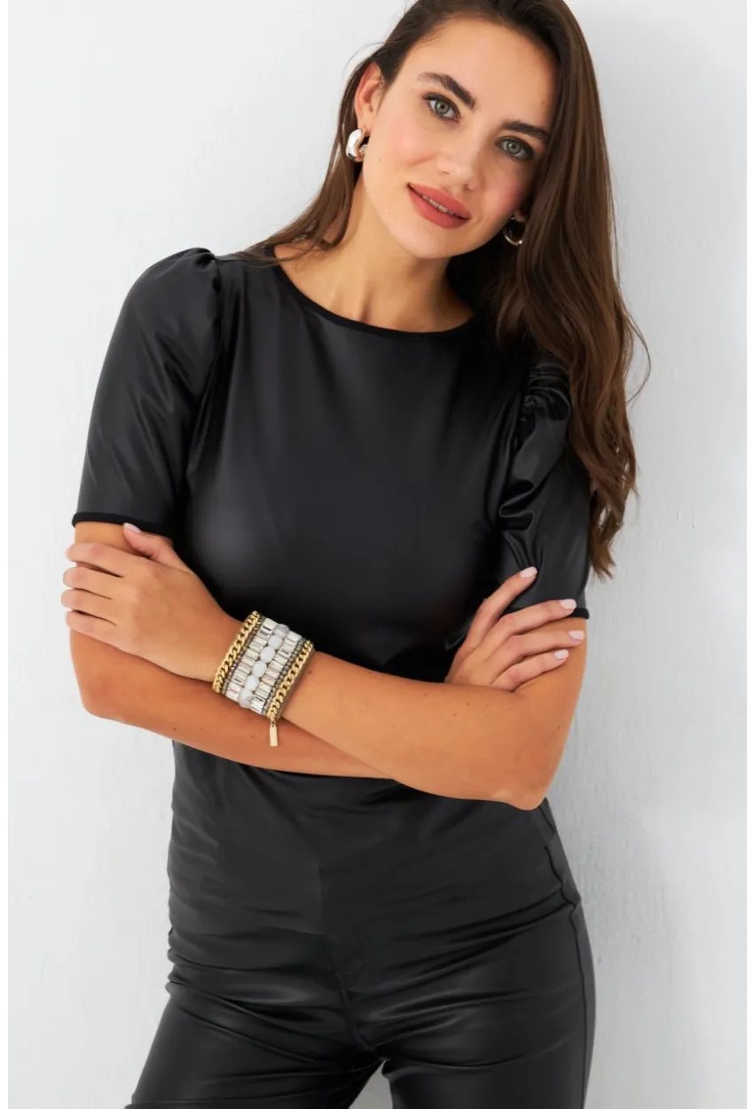 Kadın Siyah Balon Kol Sıvama Bluz TF35