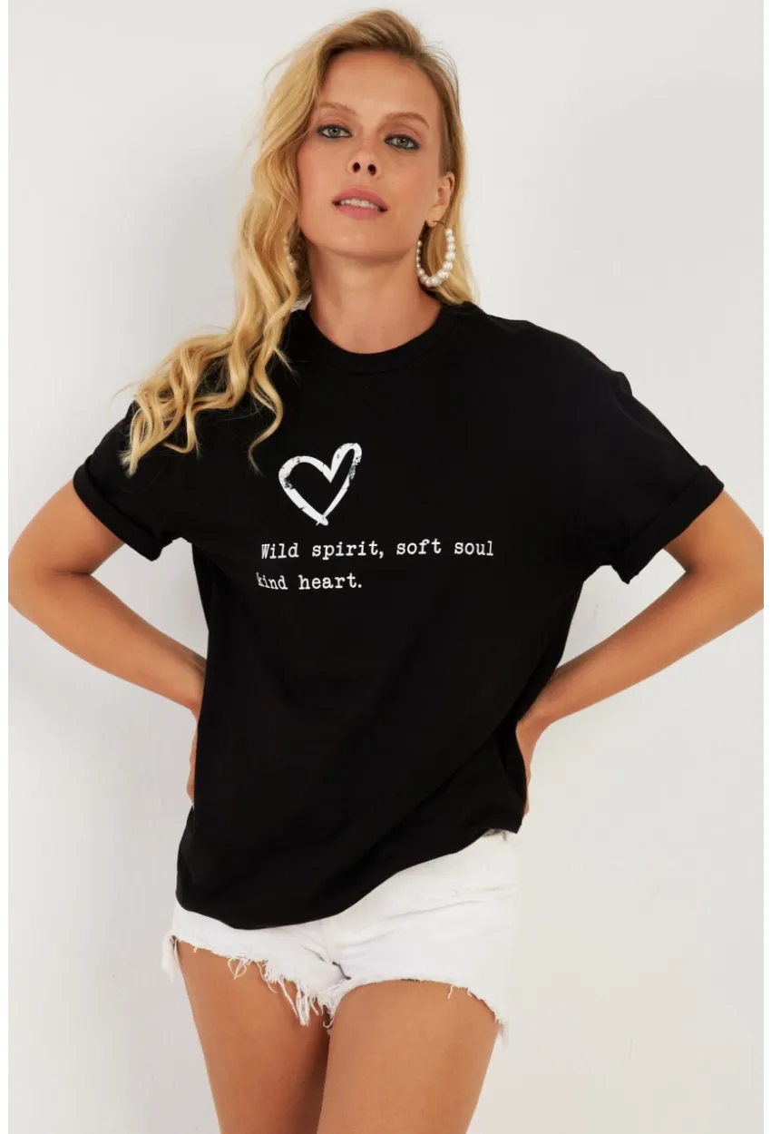 Kadın Siyah Baskılı T-Shirt AYD360