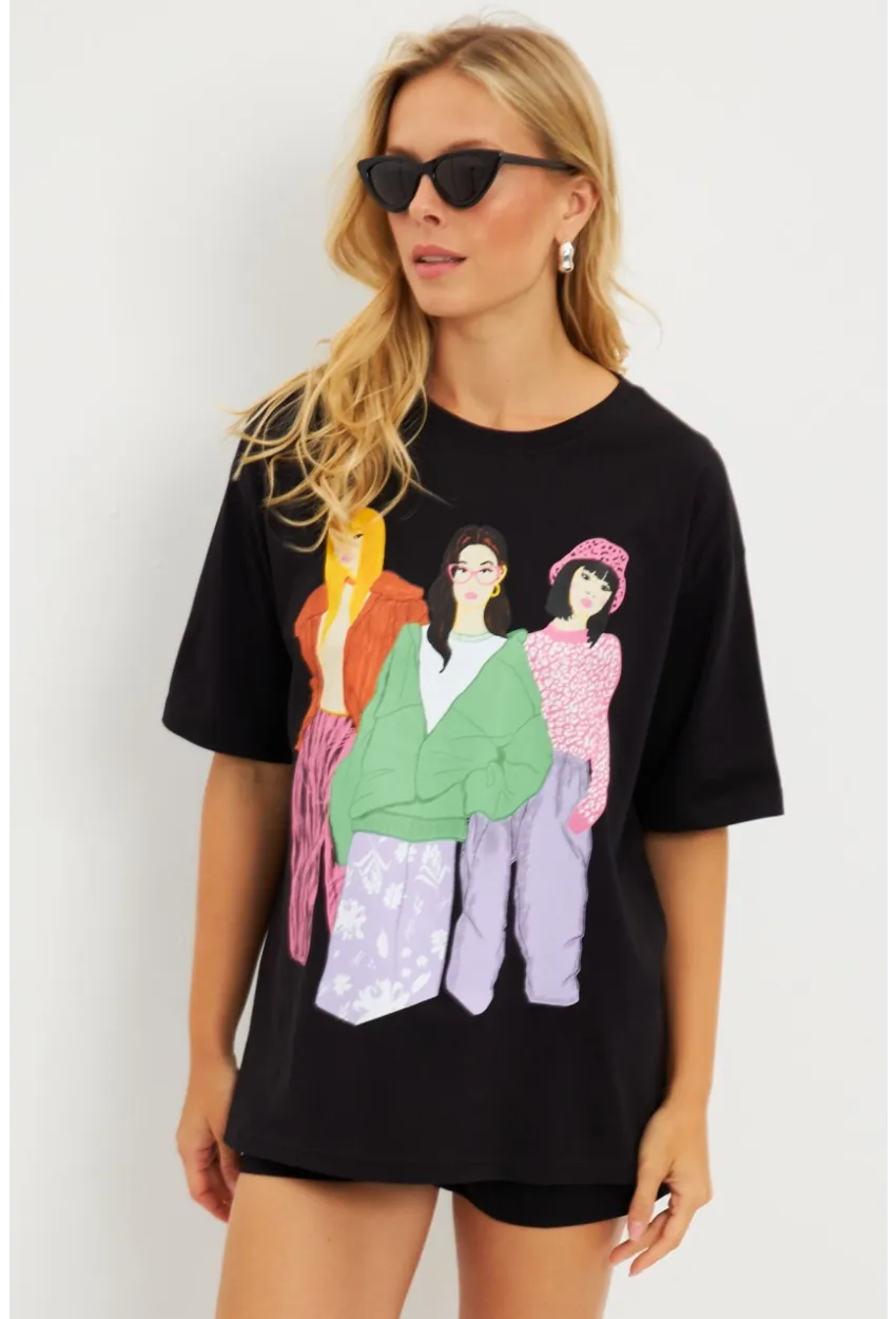 Kadın Siyah Baskılı T-Shirt DY1329