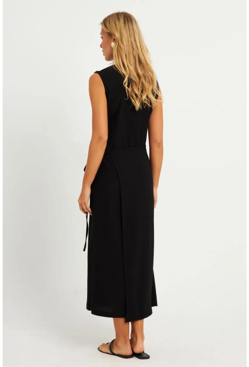Kadın Siyah Bel Bağlamalı Bürümcük Midi Elbise EY2799