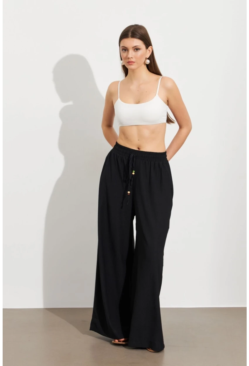 Kadın Siyah Beli Lastikli Bürümcük Pantolon ROP105
