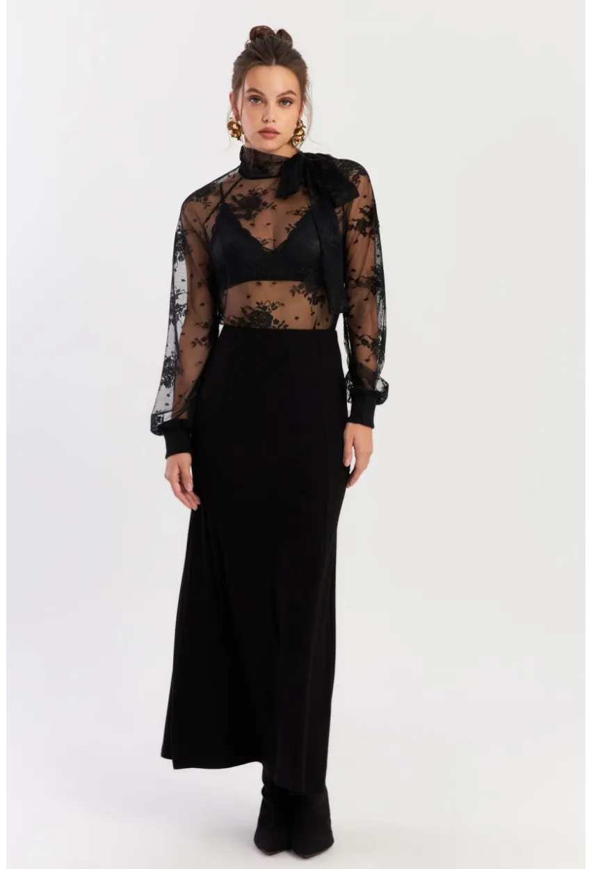 Kadın Siyah Beli Lastikli Evoze Maxi Etek EY2923