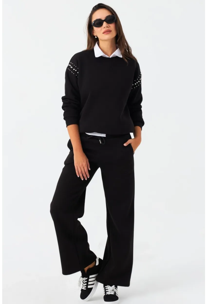 Kadın Siyah Beli Lastikli Palazzo Eşofman Altı ZM30