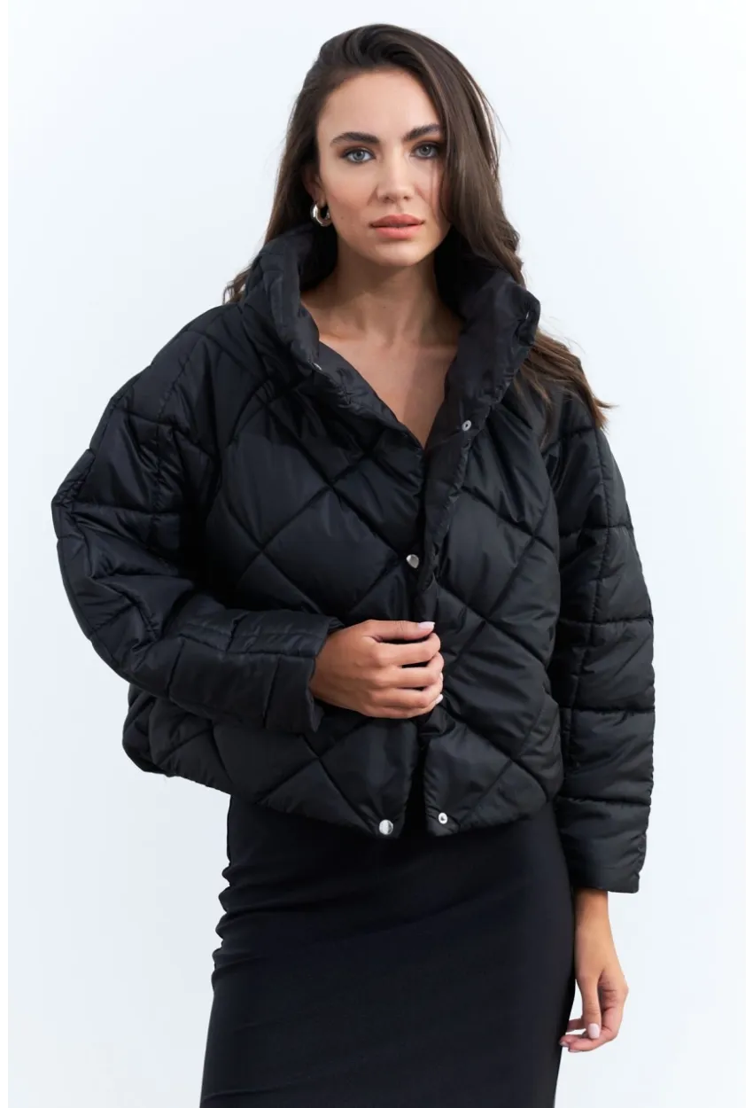 Kadın Siyah Beli Lastikli Yarasa Kol Şişme Mont MX11