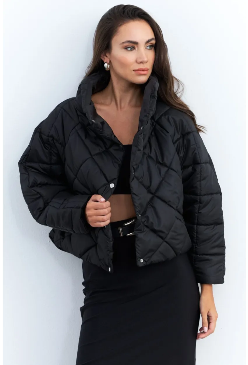 Kadın Siyah Beli Lastikli Yarasa Kol Şişme Mont MX11