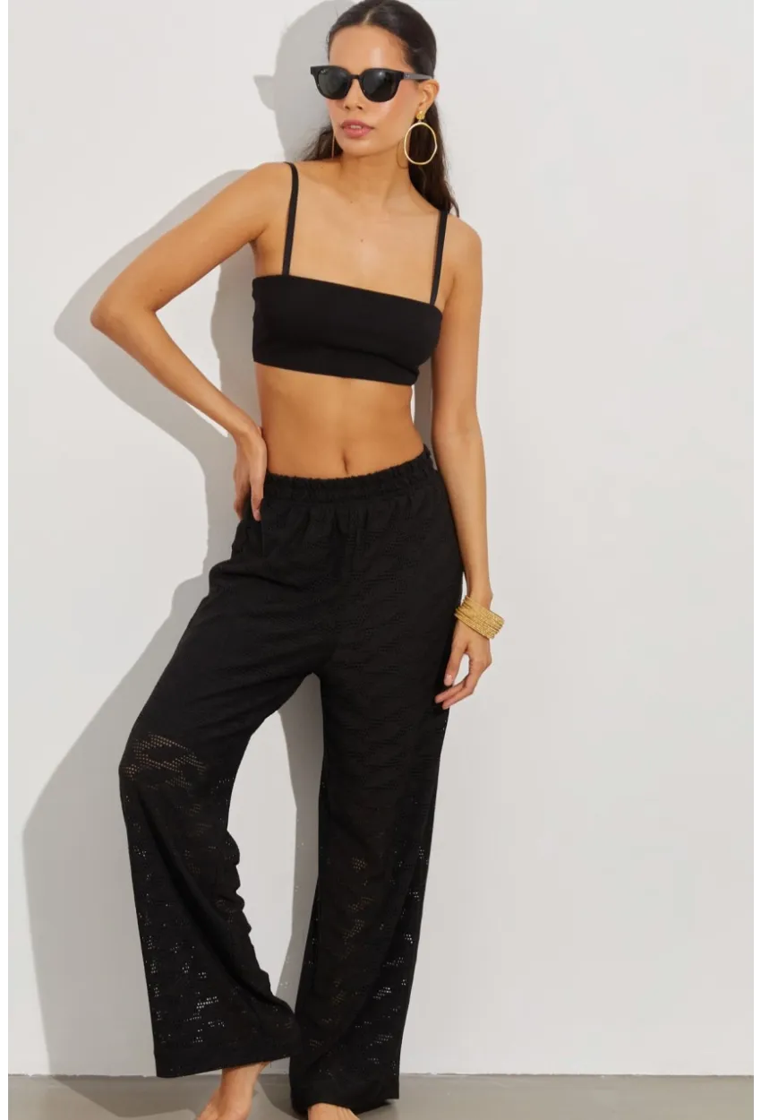 Kadın Siyah Beli Lastikli Yarım Astarlı Brode Pantolon TW80018