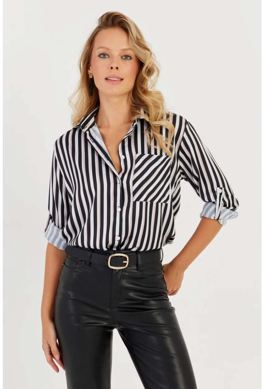 Kadın Siyah-Beyaz Çizgili Saten Gömlek SF2536