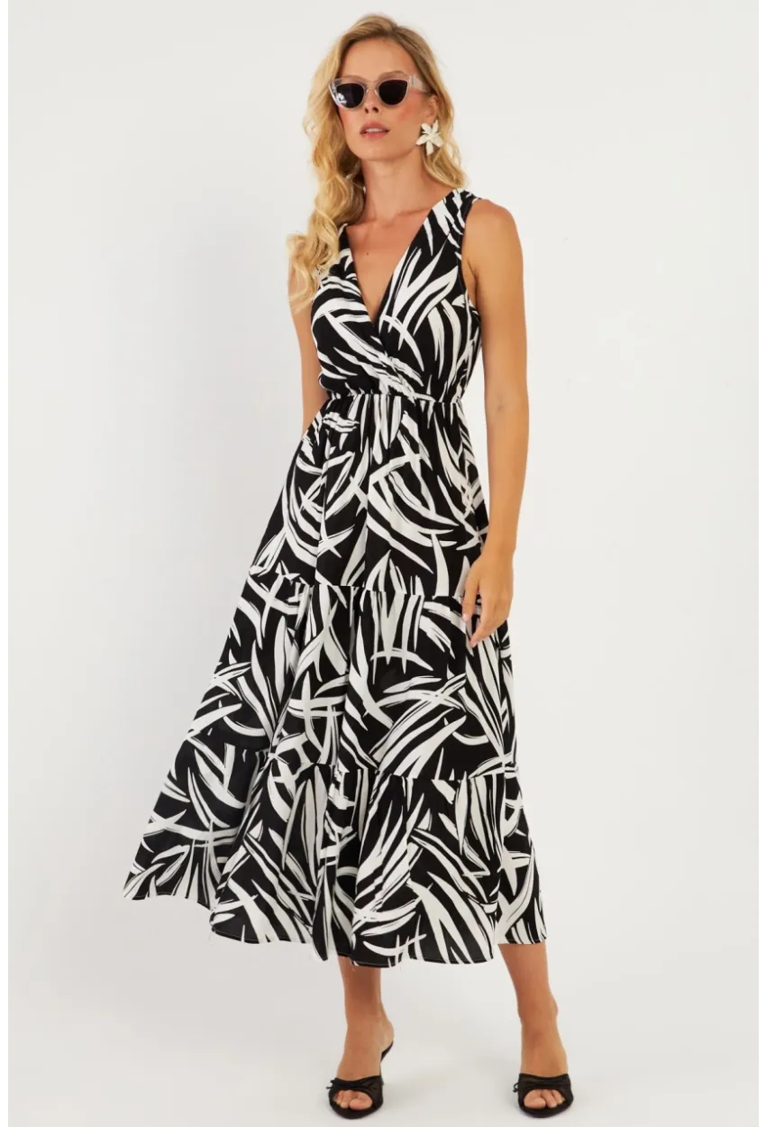Kadın Siyah-Beyaz Desenli Kruvaze Midi Elbise YZ634