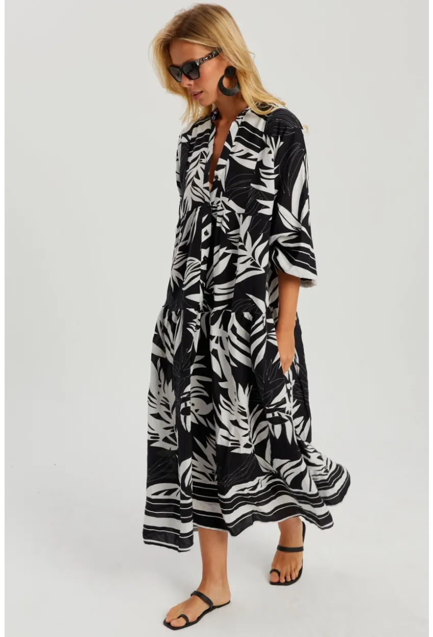 Kadın Siyah-Beyaz Desenli Salaş Maxi Elbise GÇ166