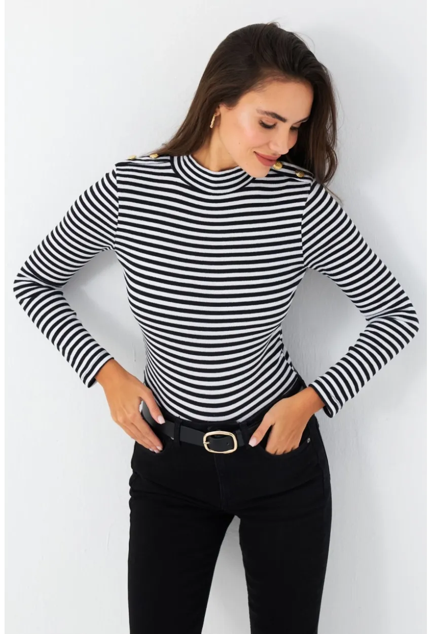 Kadın Siyah-Beyaz Düğme Detaylı Çizgili Bluz MAYD14
