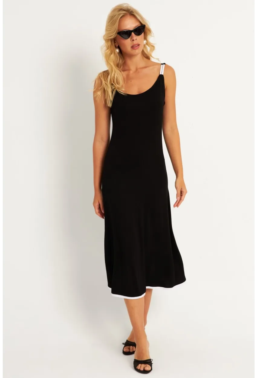 Kadın Siyah-Beyaz Kontrast Midi Elbise ST057