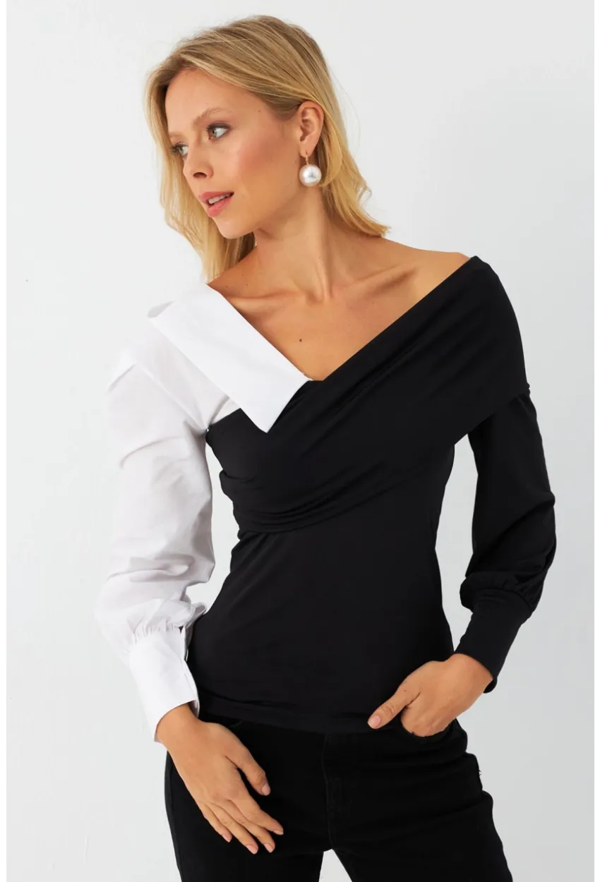 Kadın Siyah-Beyaz Kruvaze Bluz LİK8